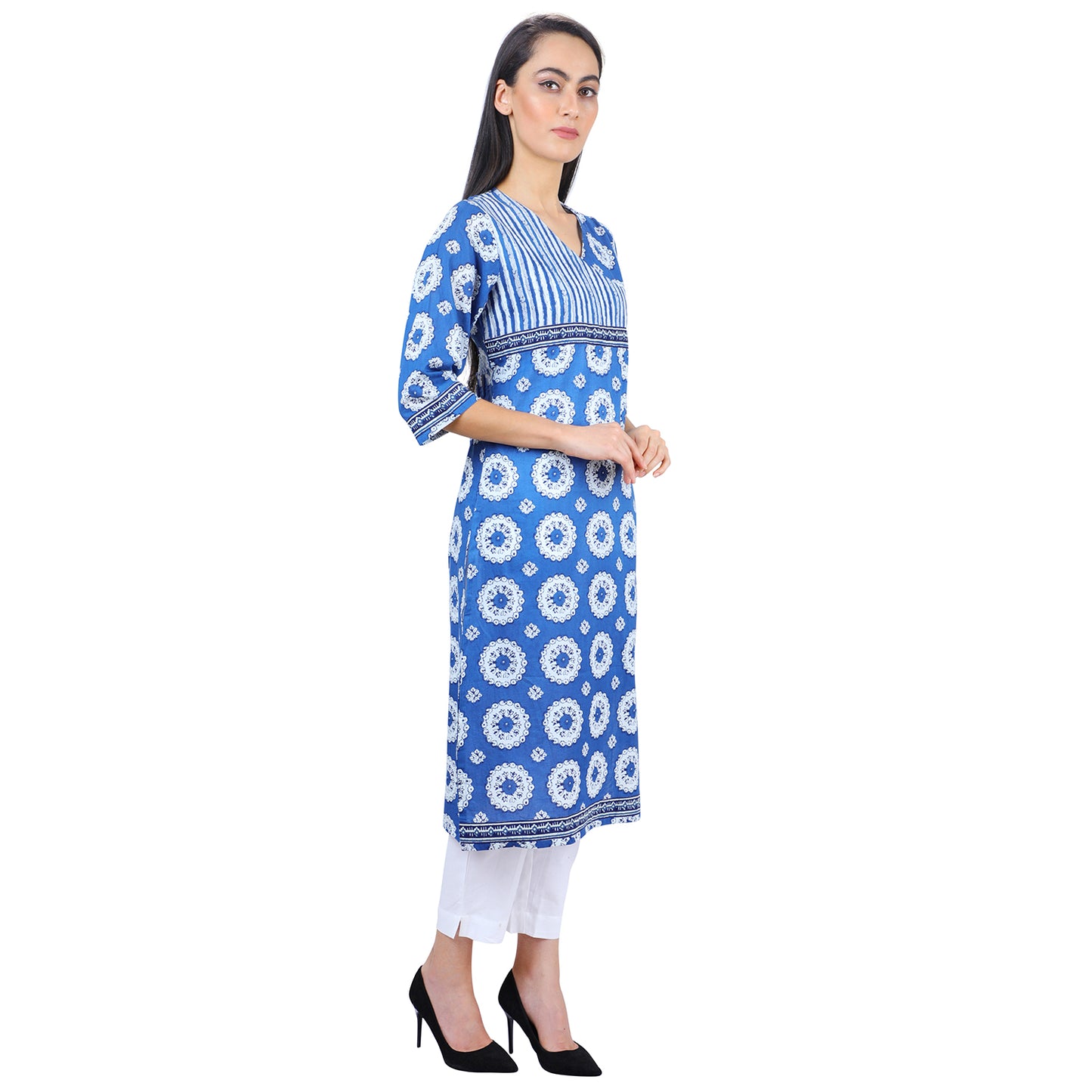 Indigo Print Smart Casual Wear Fusion Ladies Kurti UCK22018