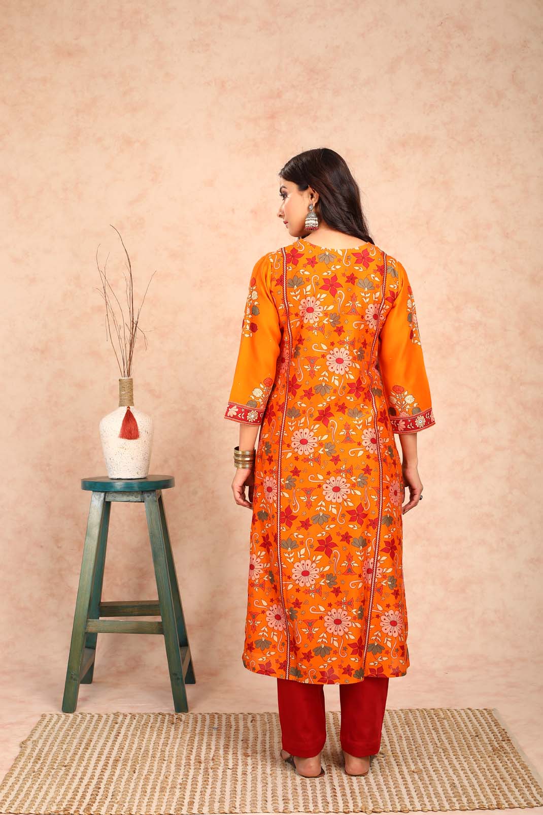 Ahilya Orange Floral Chanderi Kurta UCK22131