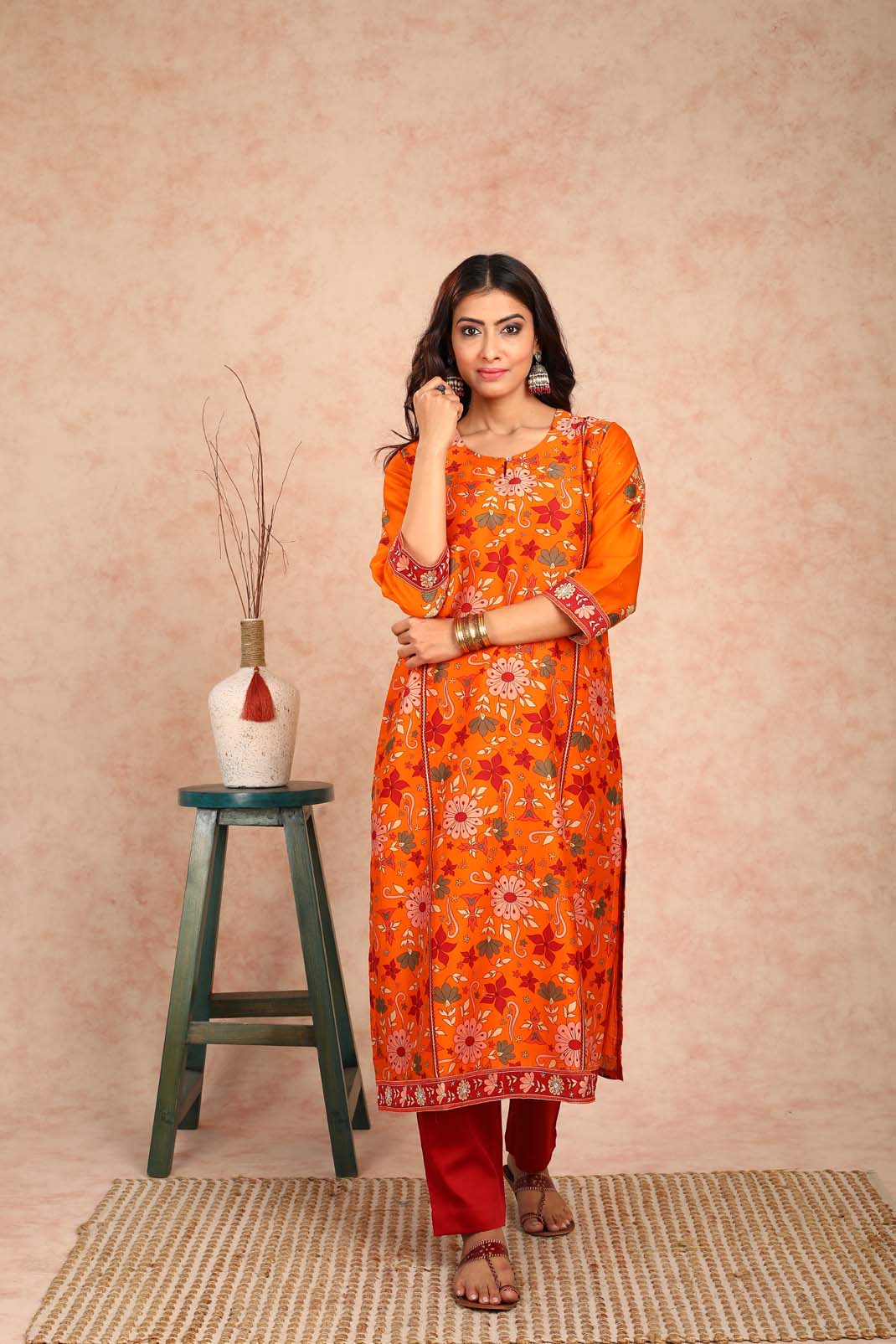 Ahilya Orange Floral Chanderi Kurta UCK22131