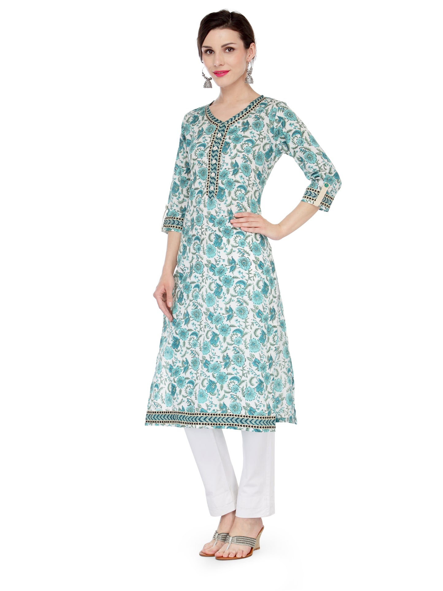 Turquoise Printed Ladies Fashionable Cotton Kurta JP1123