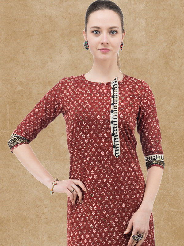 Burgundy print side slit placket kurti for ladies – Uniquestuff