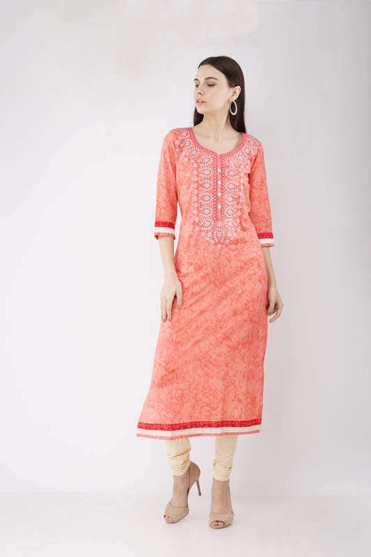 Peach colored long Kurta with embroidered Yoke JPL1172