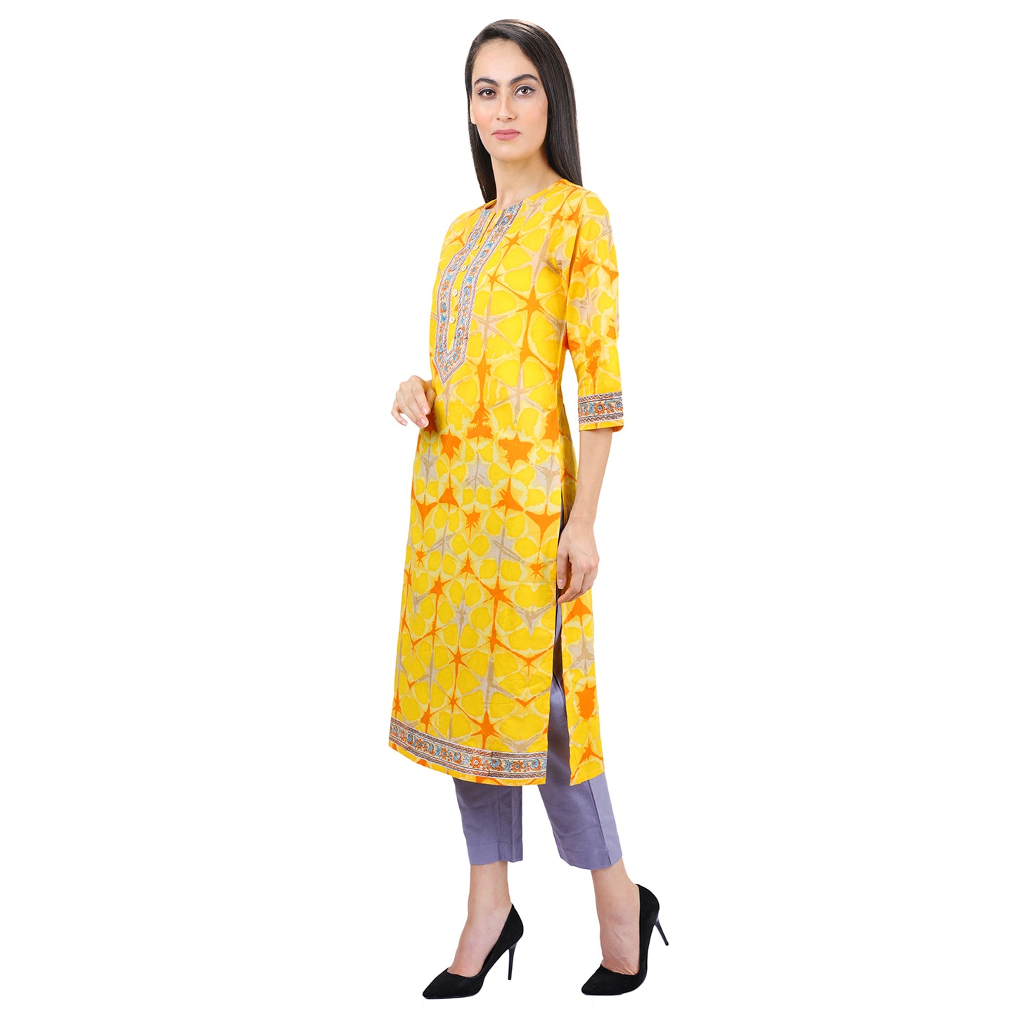 Sunflower Yellow Mosaic Print Cotton Kurti UCK22001