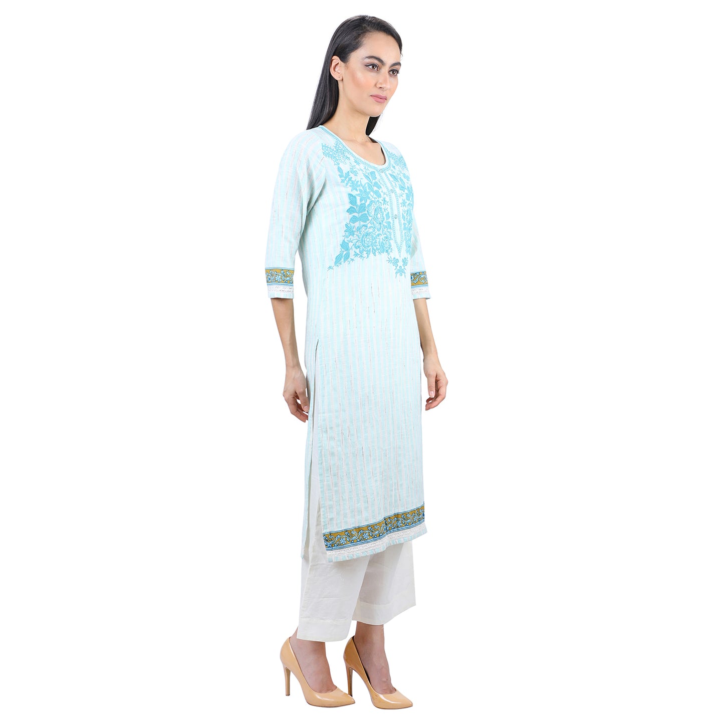 Sky Blue Candy Striped Party Wear Ladies Kurti UCK22014