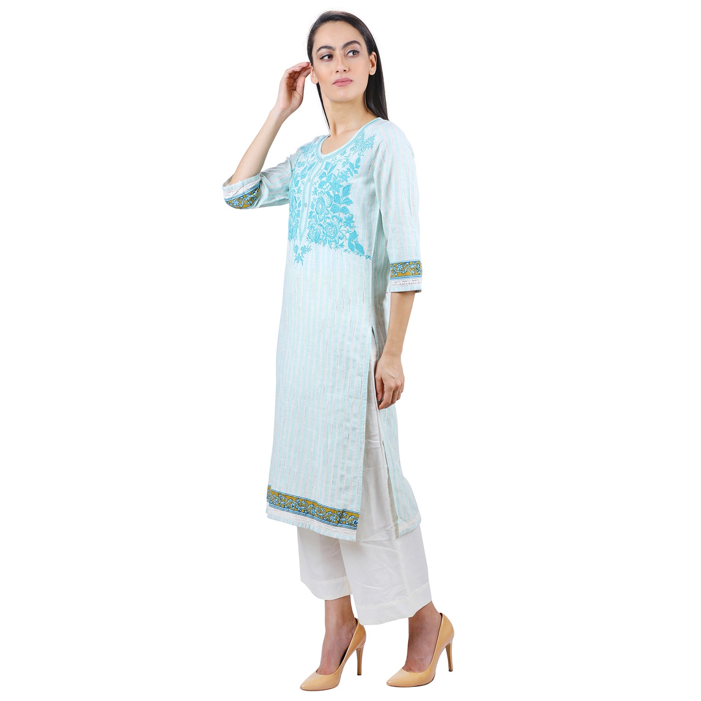 Sky Blue Candy Striped Party Wear Ladies Kurti UCK22014