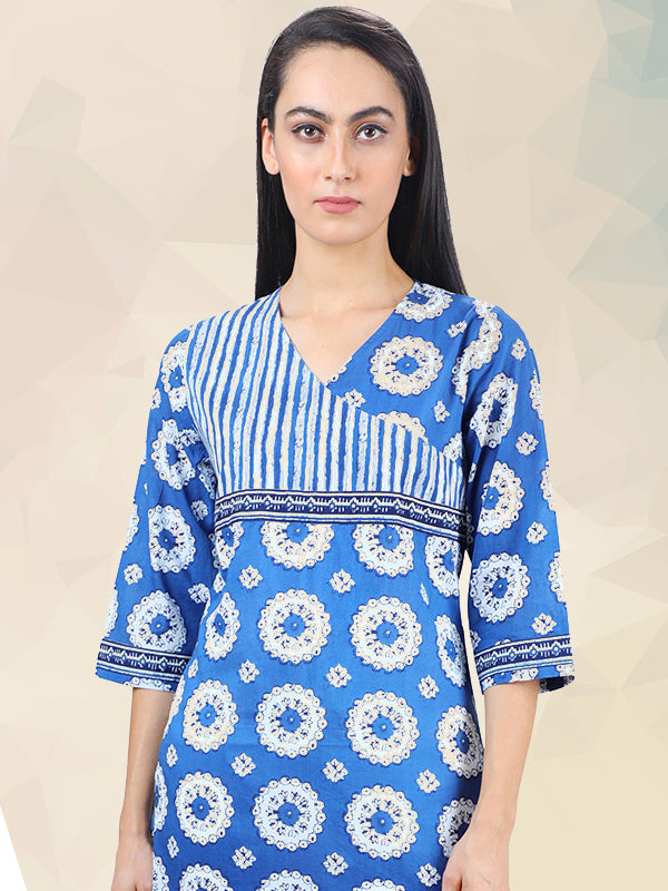 Indigo Print Smart Casual Wear Fusion Ladies Kurti UCK22018