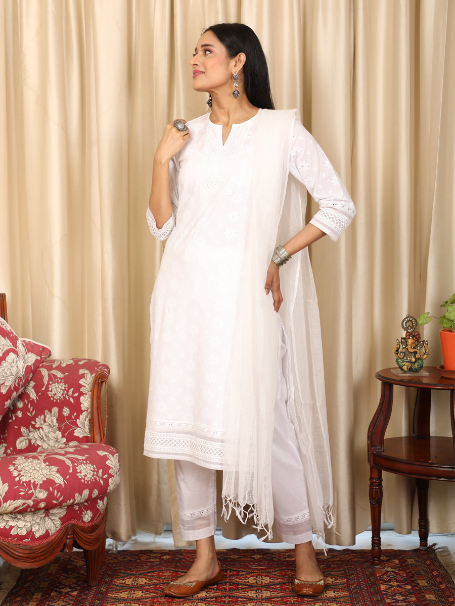 White Cotton Frill Angarkha Style Kurti - Shaan-e-Awadh Chikankari