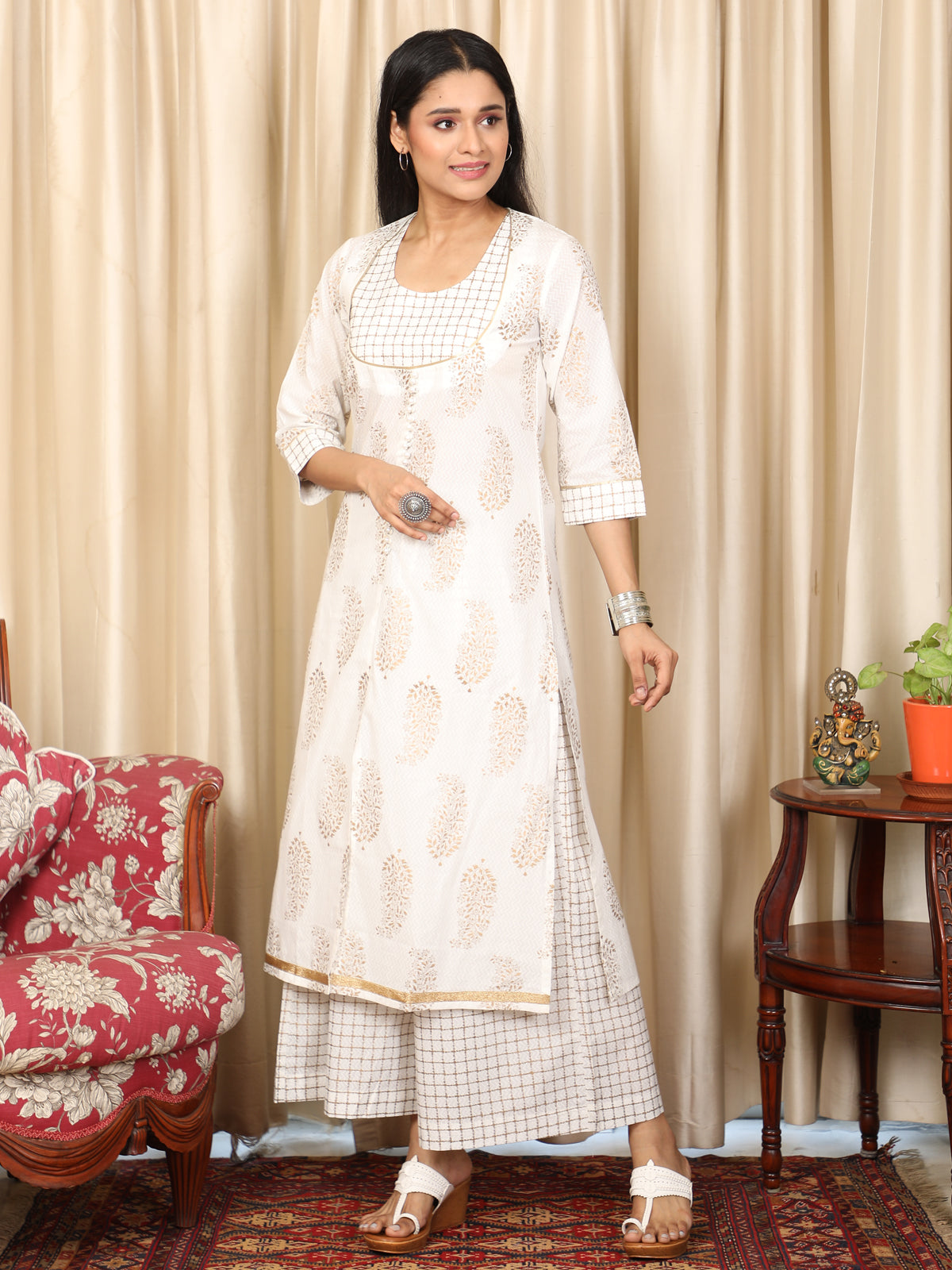 Regal Gold on White Party Wear A-line Kurti UCKL22015