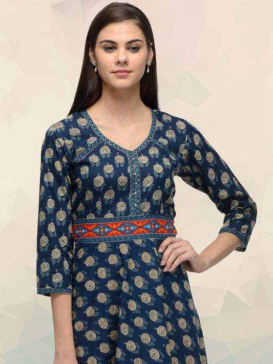 Calf length Indigo blue cotton printed dress UD6004