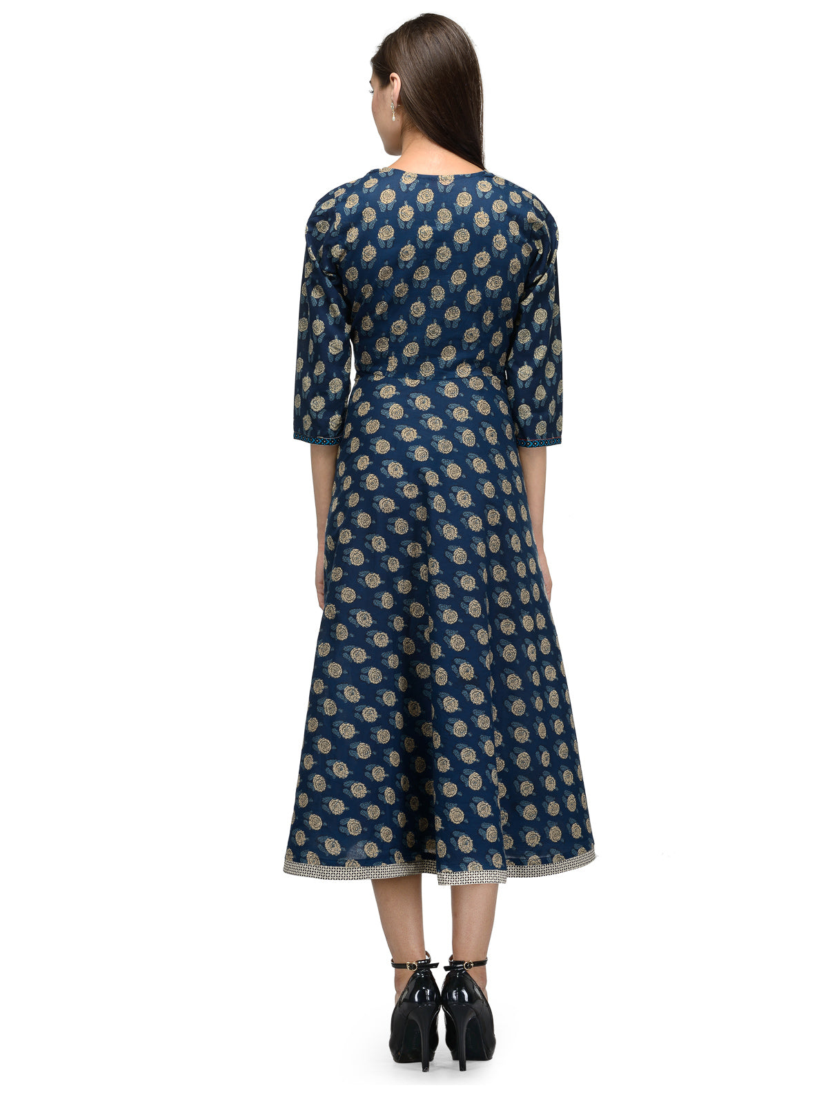 Calf length Indigo blue cotton printed dress UD6004