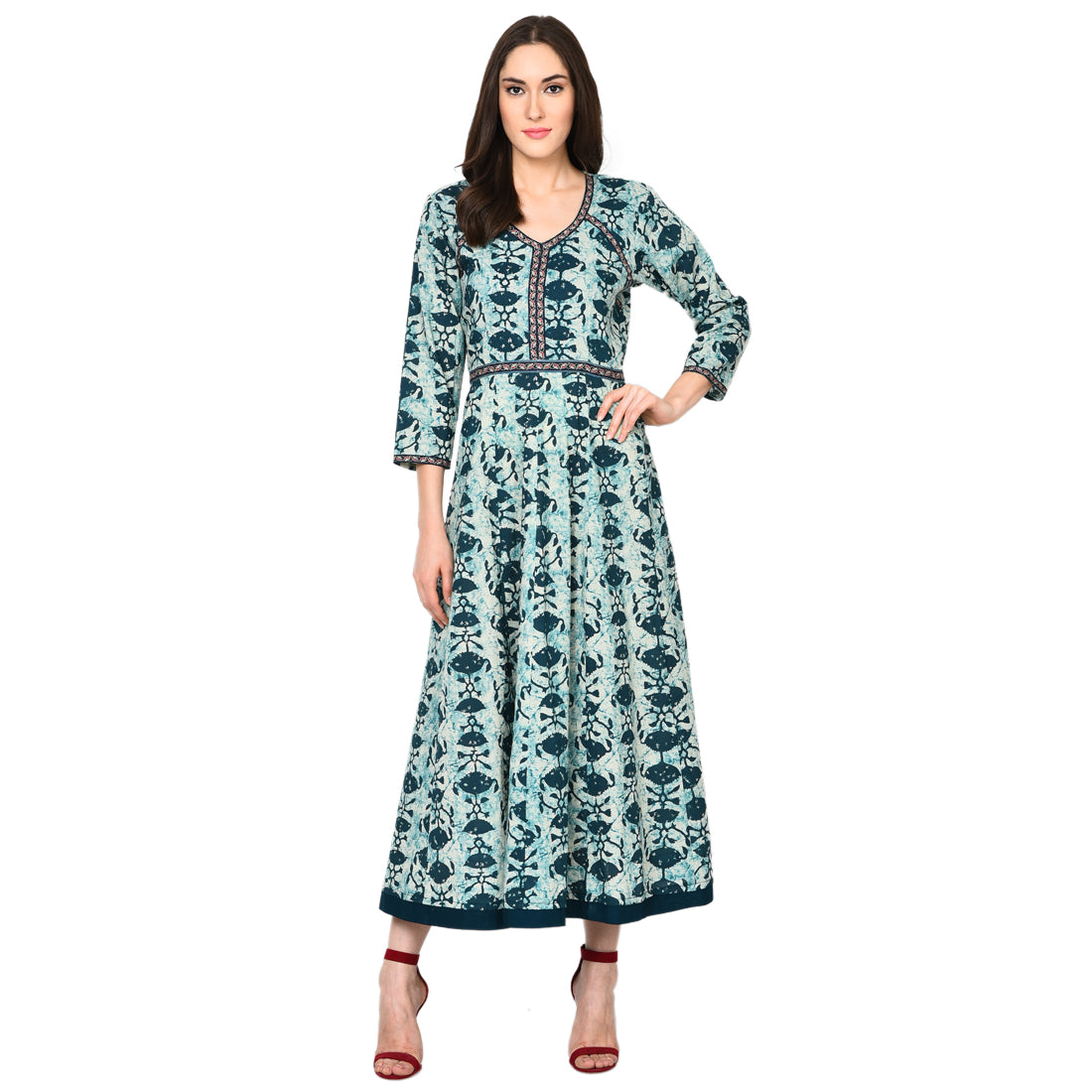 Teal Colored Indo-Western Cotton Printed Dress UD6017