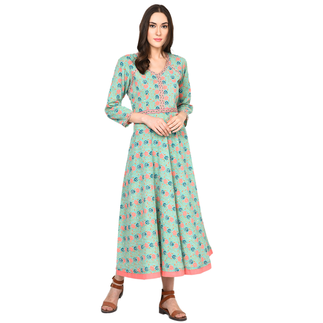 Turq Color Cotton Printed Indo-Western Dress, Anarkali UD6018