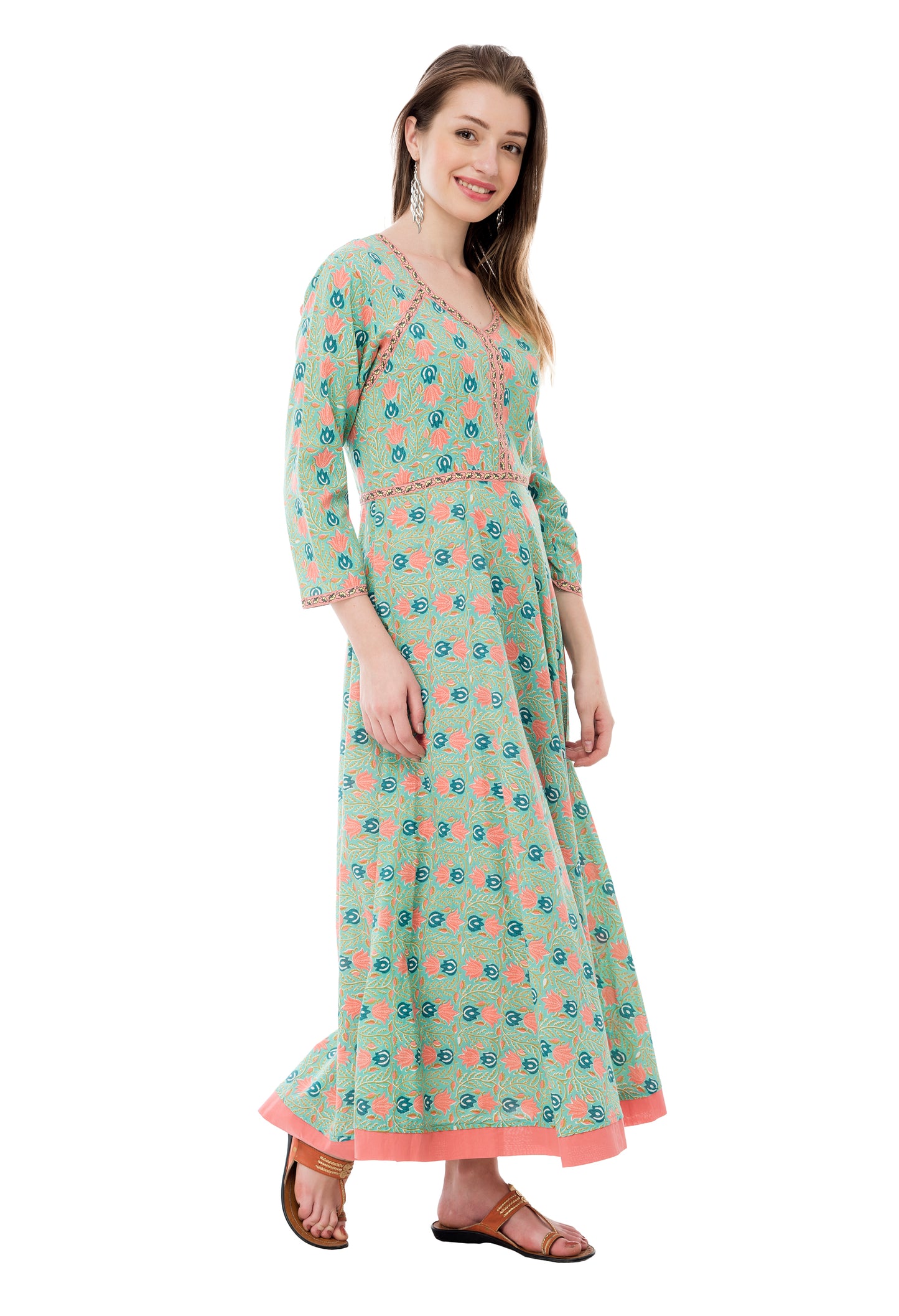 Turq Color Cotton Printed Indo-Western Dress, Anarkali UD6018