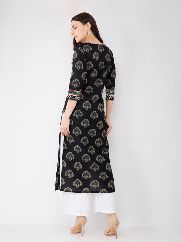 Inhabit Extra Long Black Printed Kurti With Embroidered Placket JPL1140