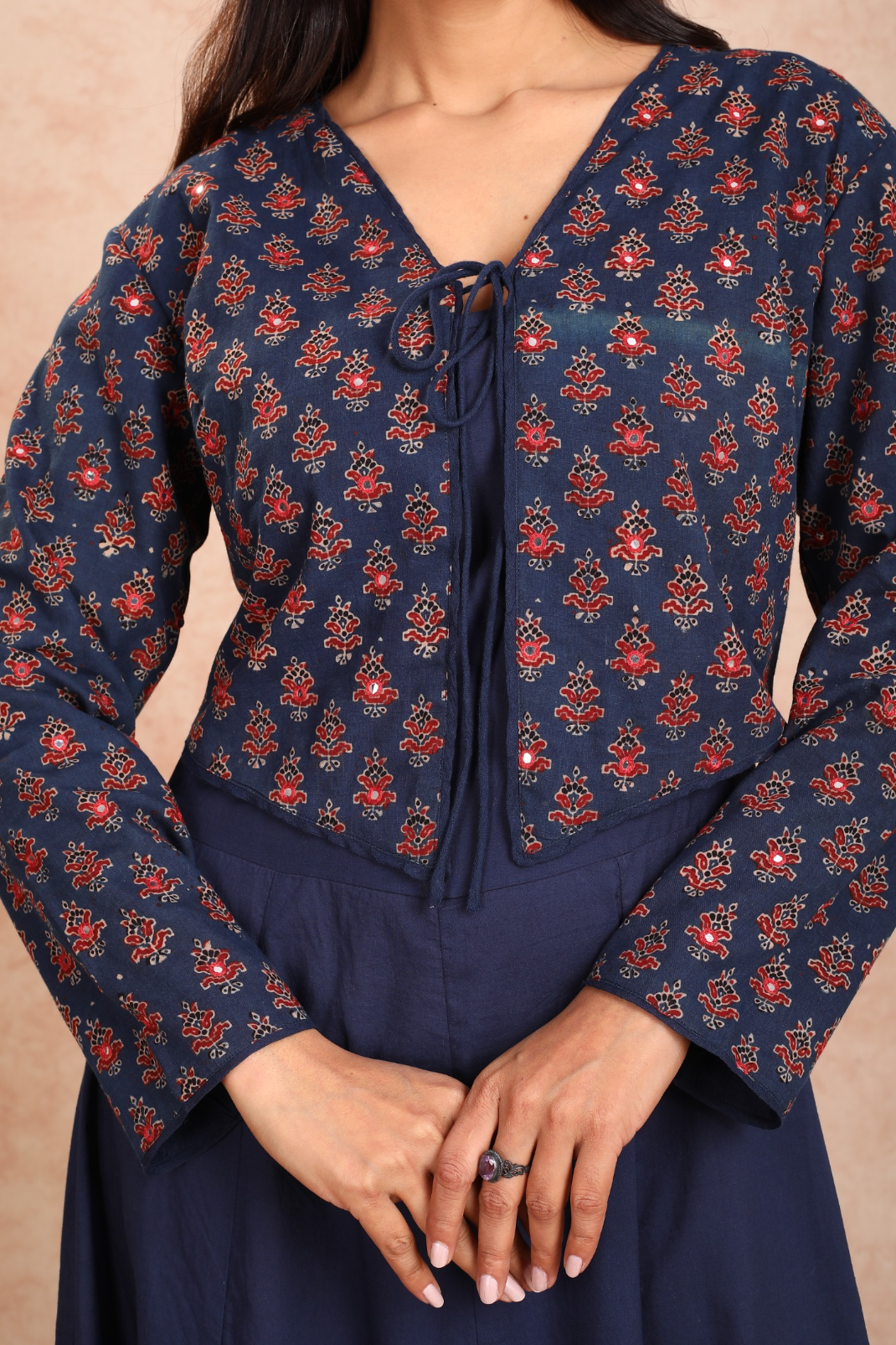 Beige Rayon Jacket With Embroidered Designs And Mirrors at Soch