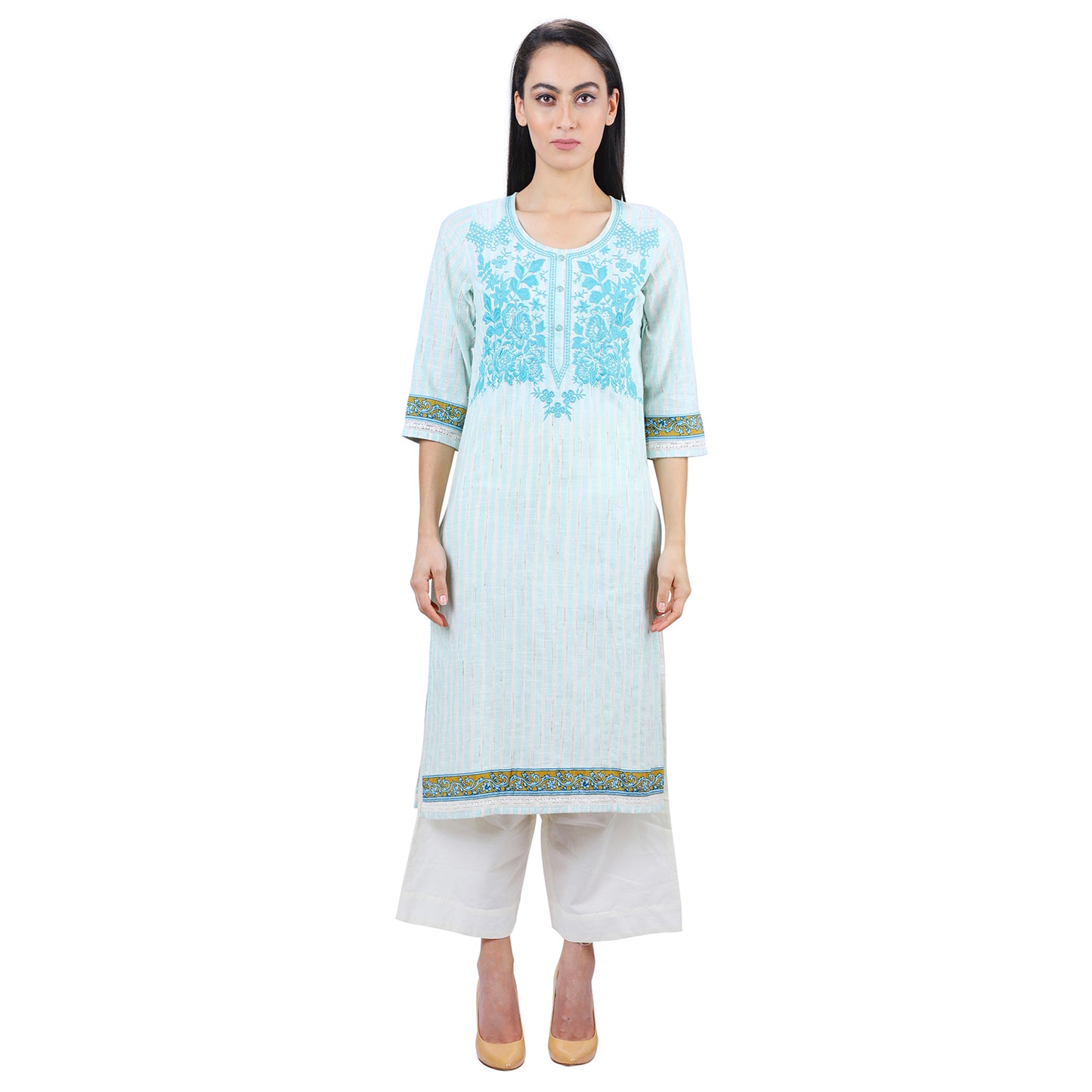 Sky Blue Candy Striped Party Wear Ladies Kurti UCK22014