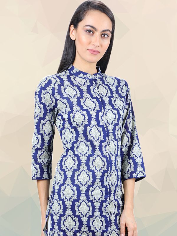 Manchurian Collar Blue Printed Kurti UCK22027